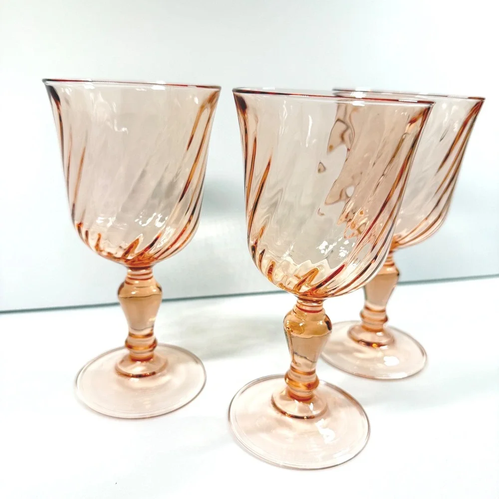 3 Luminarc Arcoroc France Rosaline Pink Swirl Water Wine Goblets Vintage 6.25in